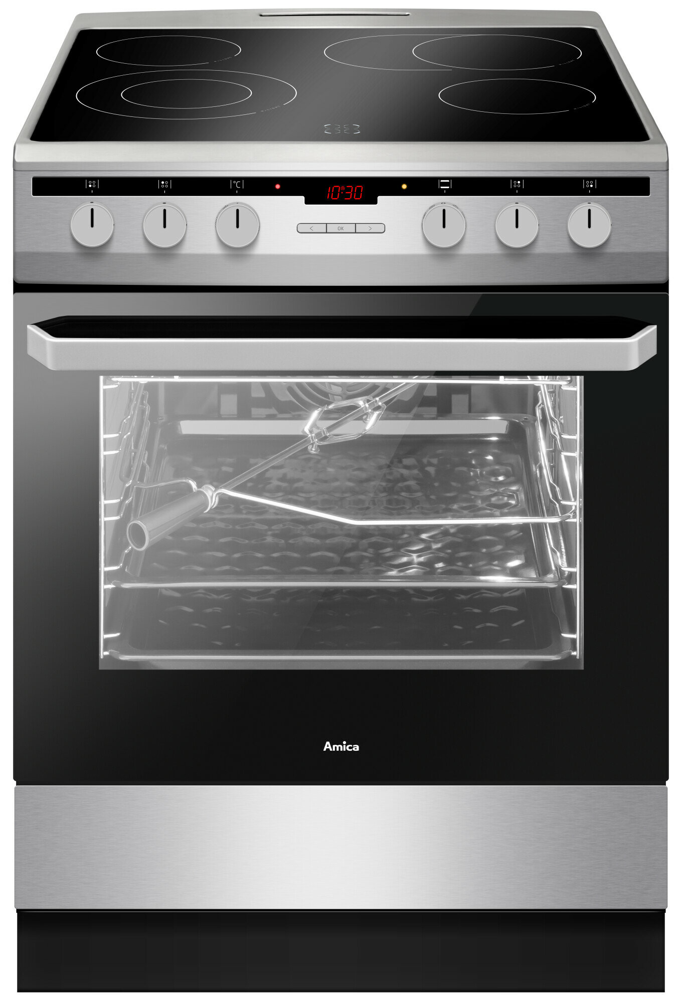 Srebrny i czarny piekarnik Amica ze szklanymi drzwiami i panelem sterowania.