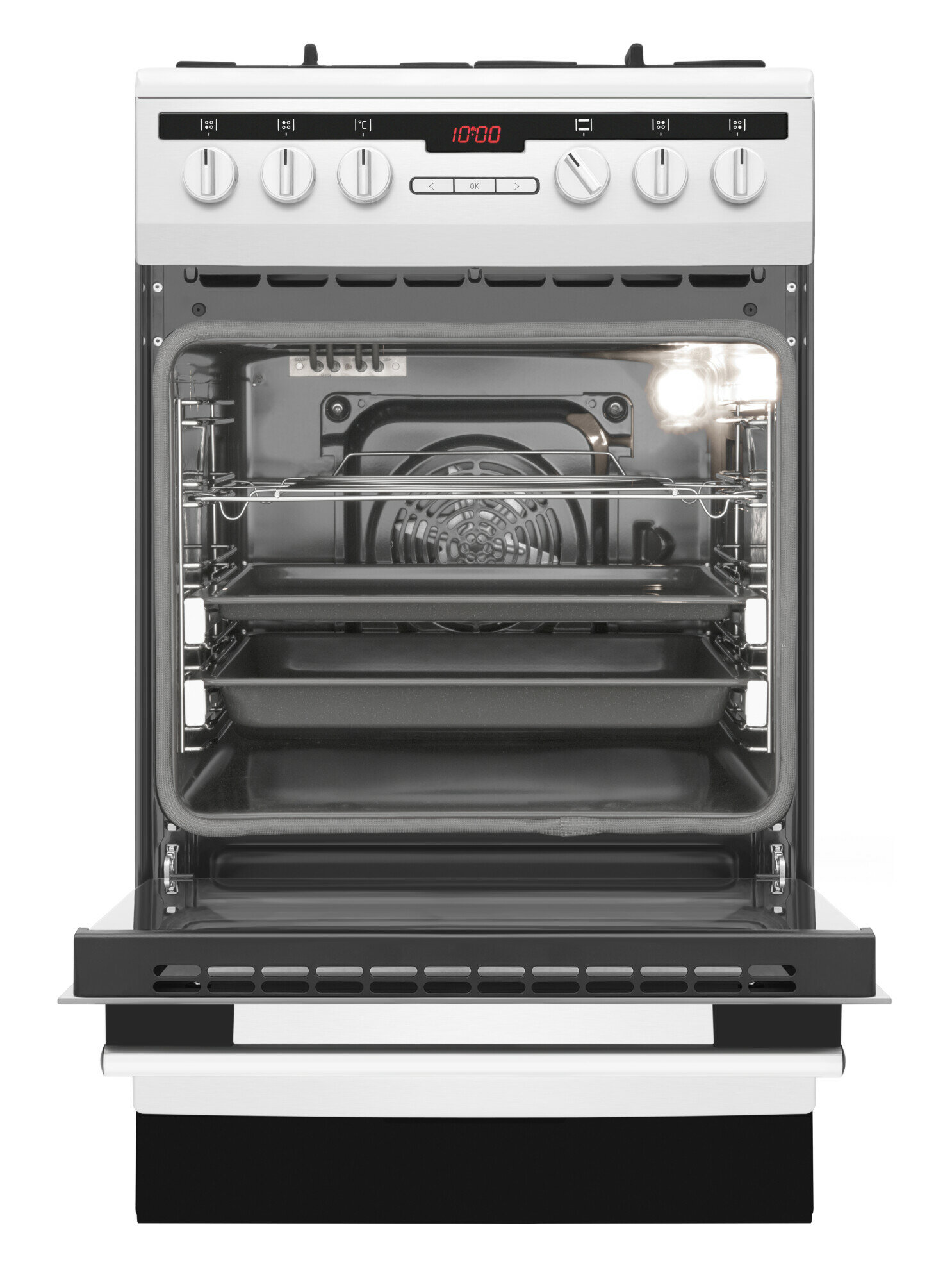 Otwarty piekarnik z rusztami i tacami. Zegar cyfrowy wskazuje 10:00. Biało-czarny design.