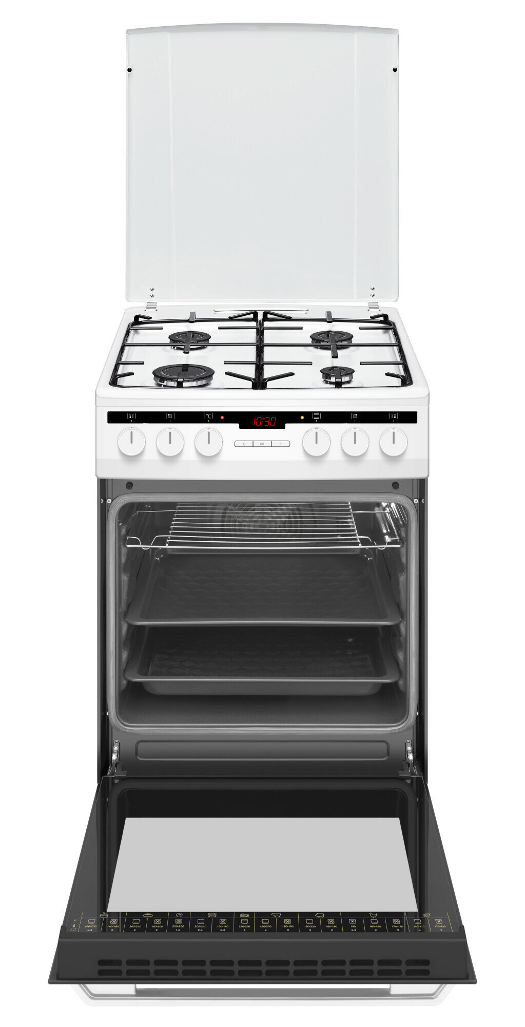 Biała kuchenka gazowa z otwartymi drzwiami piekarnika. Wnętrze piekarnika jest widoczne.