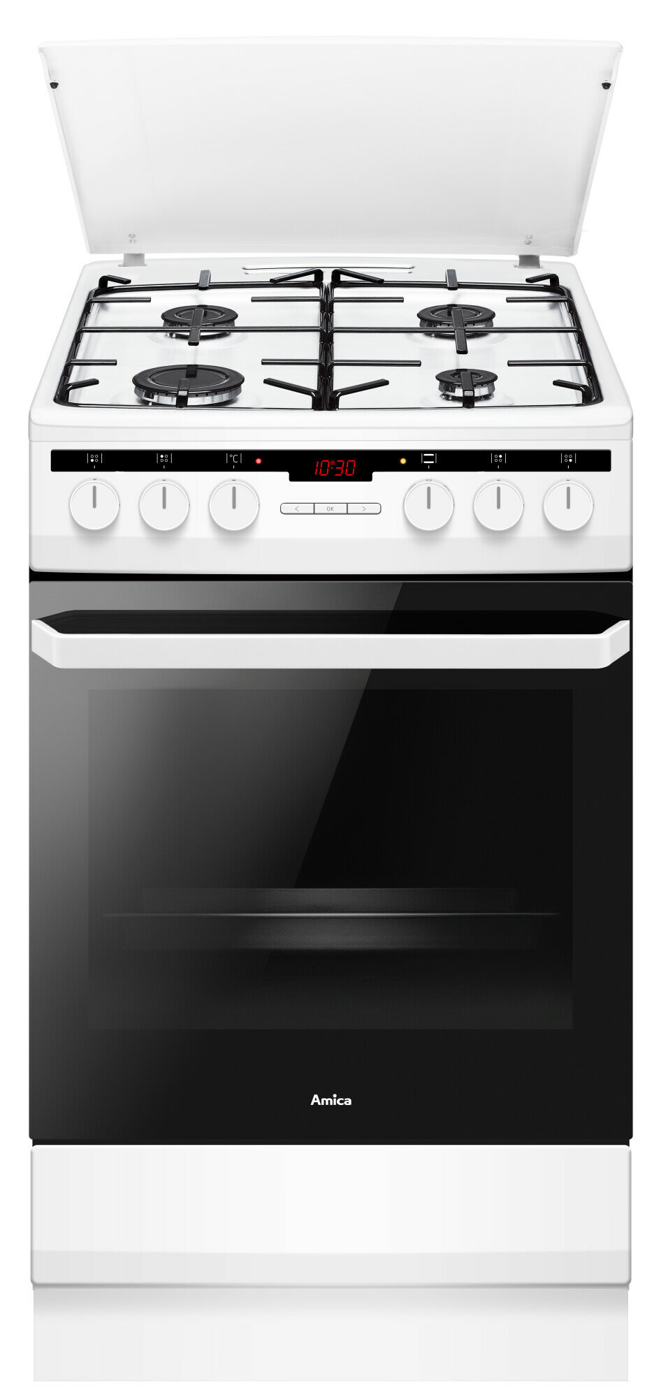 Biały piekarnik ze szklanymi drzwiami i płyta grzejna z czterema palnikami.