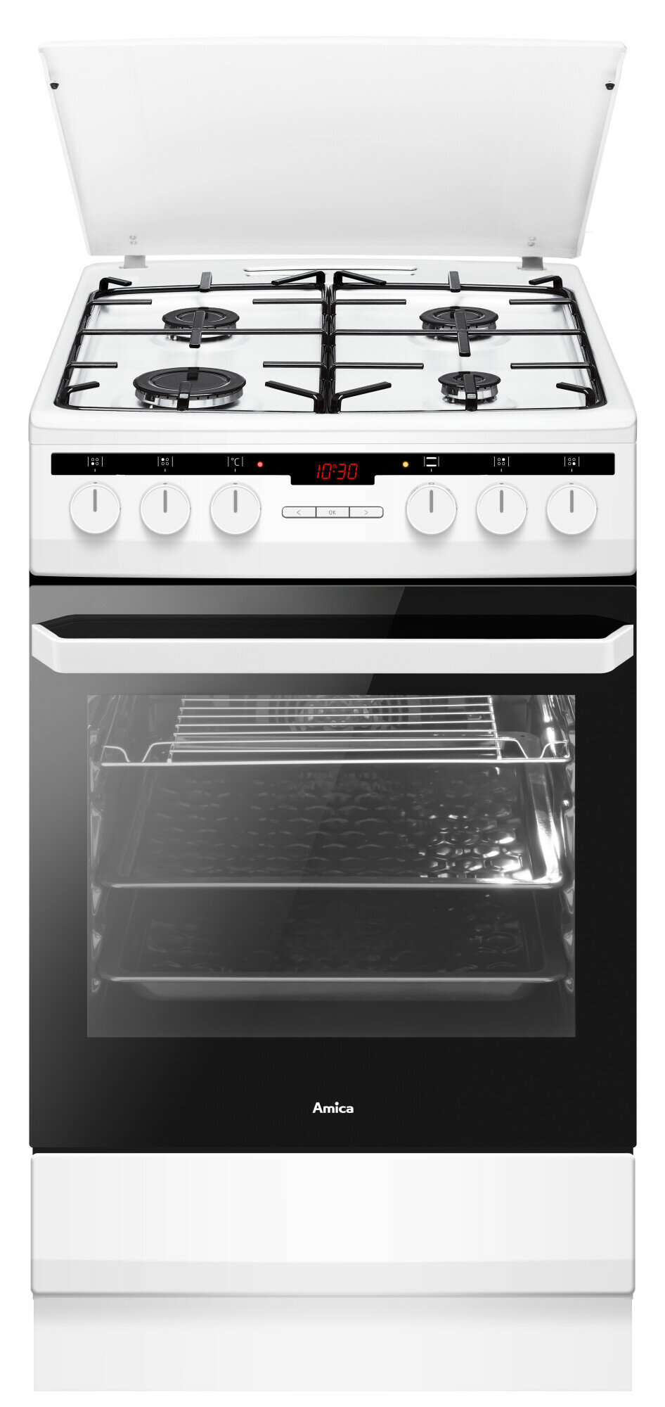 Biała kuchenka gazowa Amica z czterema palnikami, otwarte drzwiczki piekarnika.