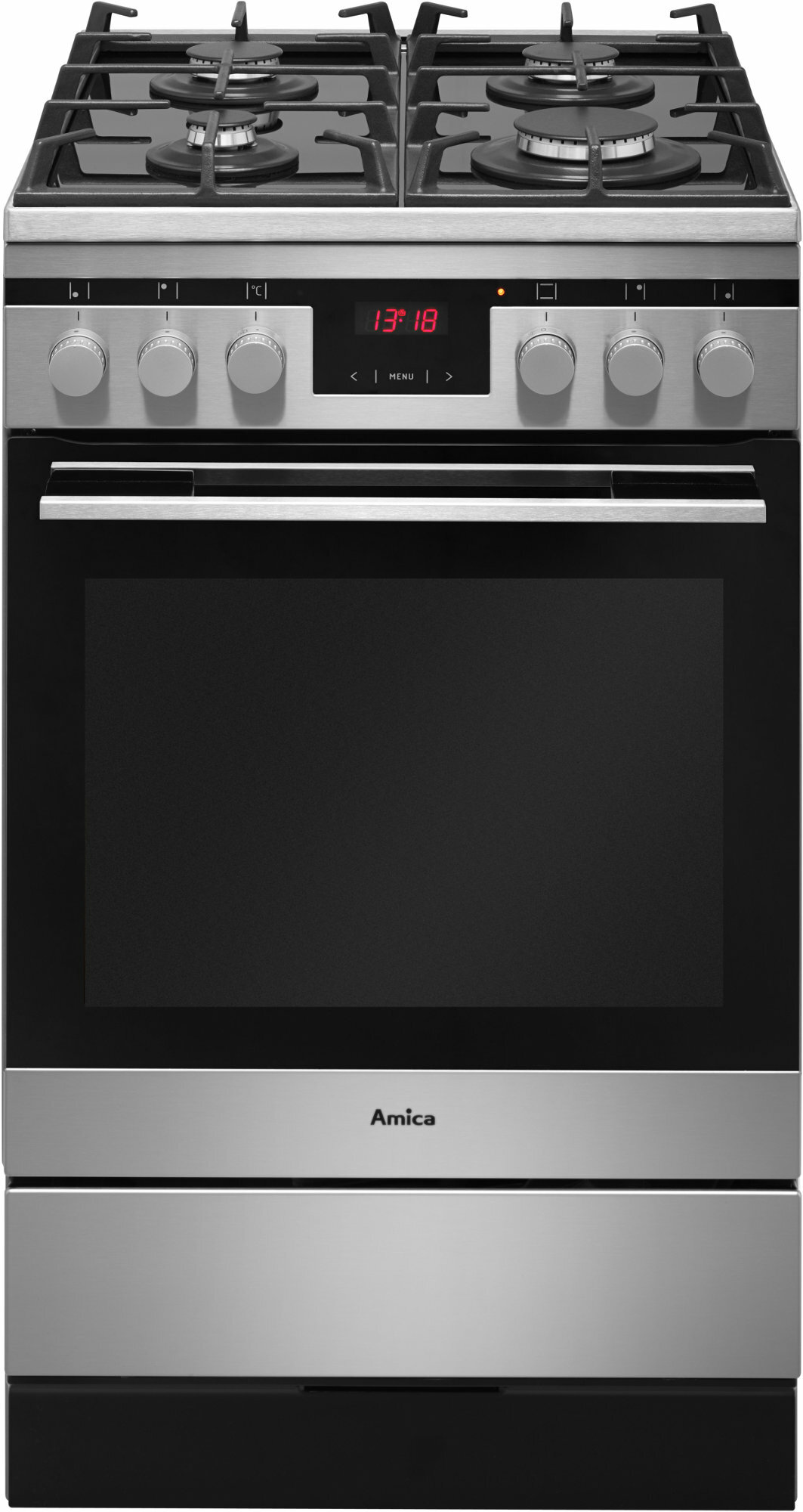 Srebrny i czarny piekarnik Amica z cyfrowym zegarem i czterema palnikami.