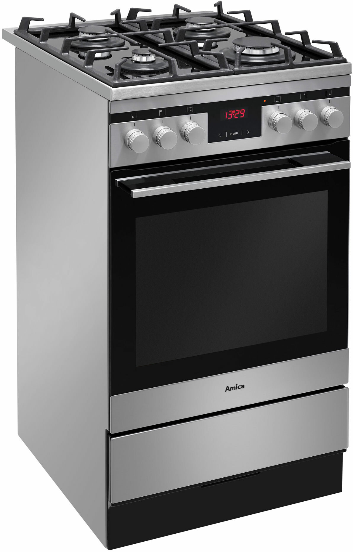 Piekarnik Amica ze stali nierdzewnej z cyfrowym wyświetlaczem zegara i palnikami gazowymi. Czarno-srebrny design.