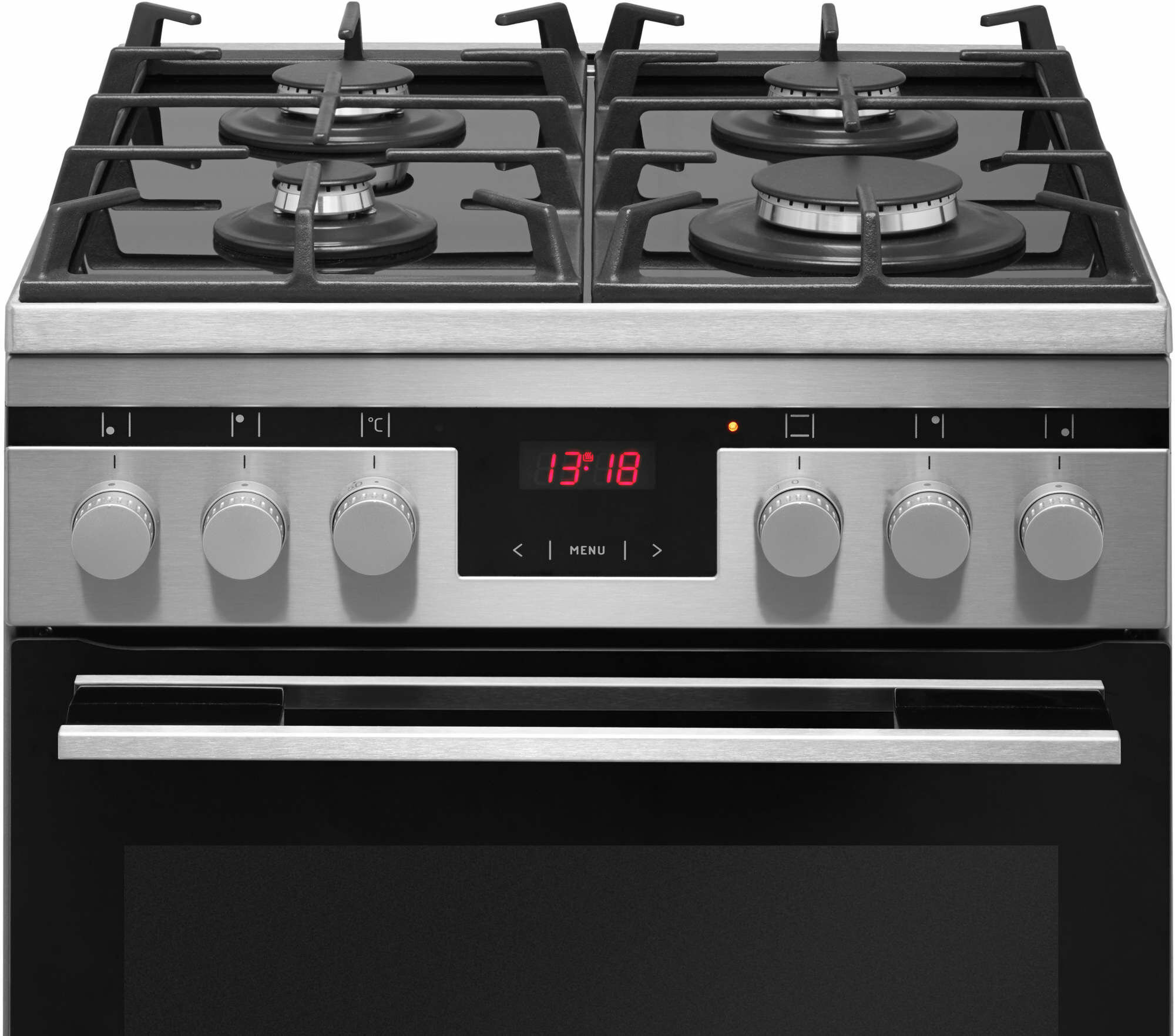 Płyta kuchenna ze stali nierdzewnej z wyświetlaczem cyfrowym pokazującym 13:18 i pokrętłami sterowania.