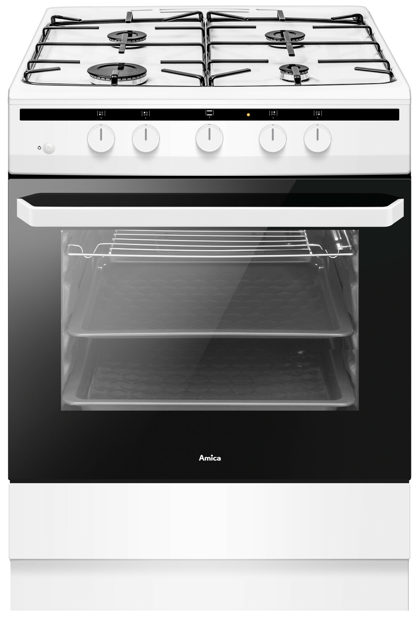 Biała kuchenka gazowa Amica z czterema palnikami i piekarnikiem.