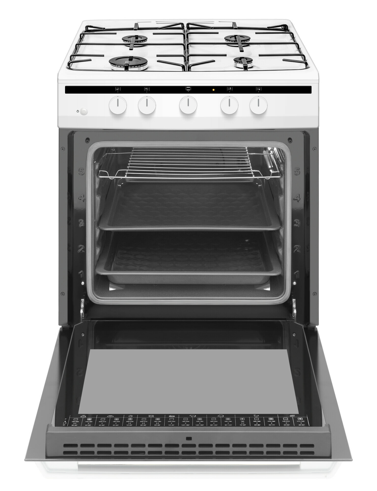 Biała kuchenka gazowa z czterema palnikami i otwartymi drzwiami piekarnika na białym tle.