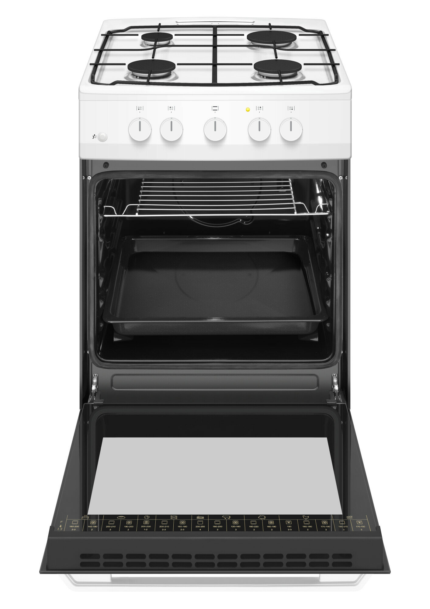 Biała kuchenka gazowa z czterema palnikami, otwarte drzwi piekarnika, widoczne półki i taca.