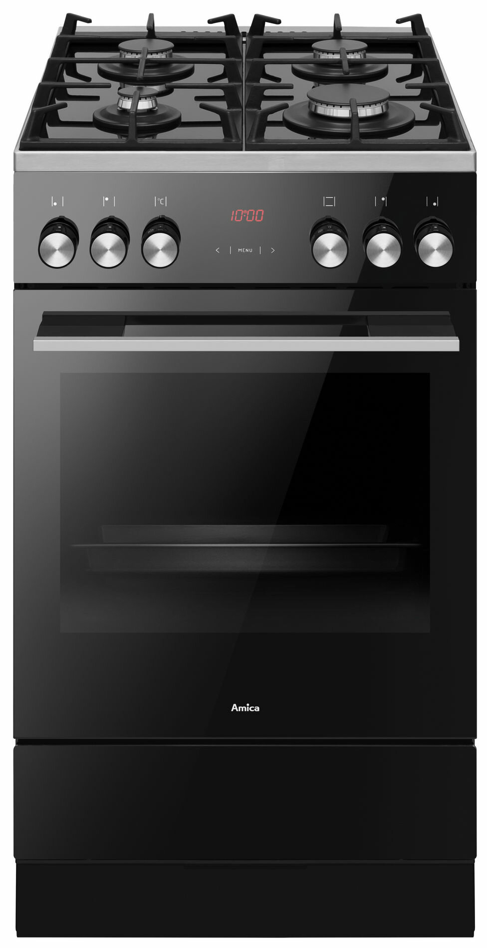 Czarna kuchenka elektryczna z czterema palnikami, piekarnikiem i zegarem cyfrowym '10:00'.