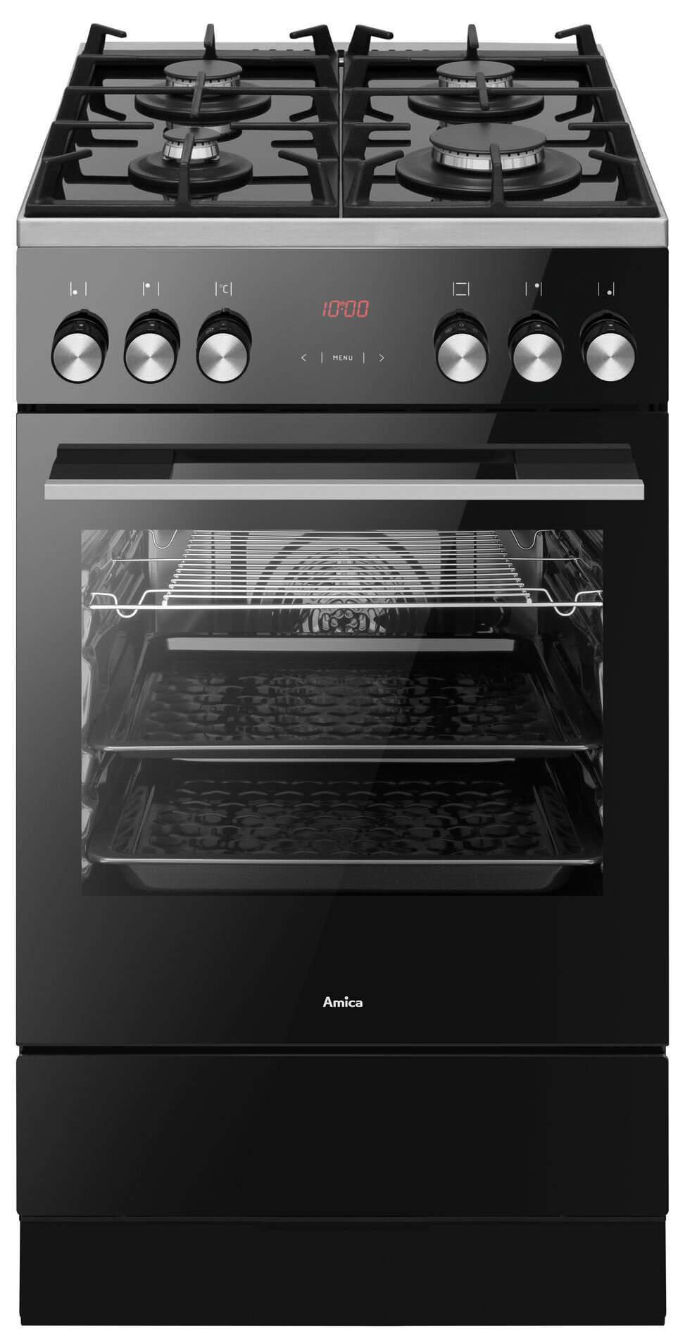 Czarny piekarnik wolnostojący z palnikami gazowymi na górze i wyświetlaczem cyfrowym.