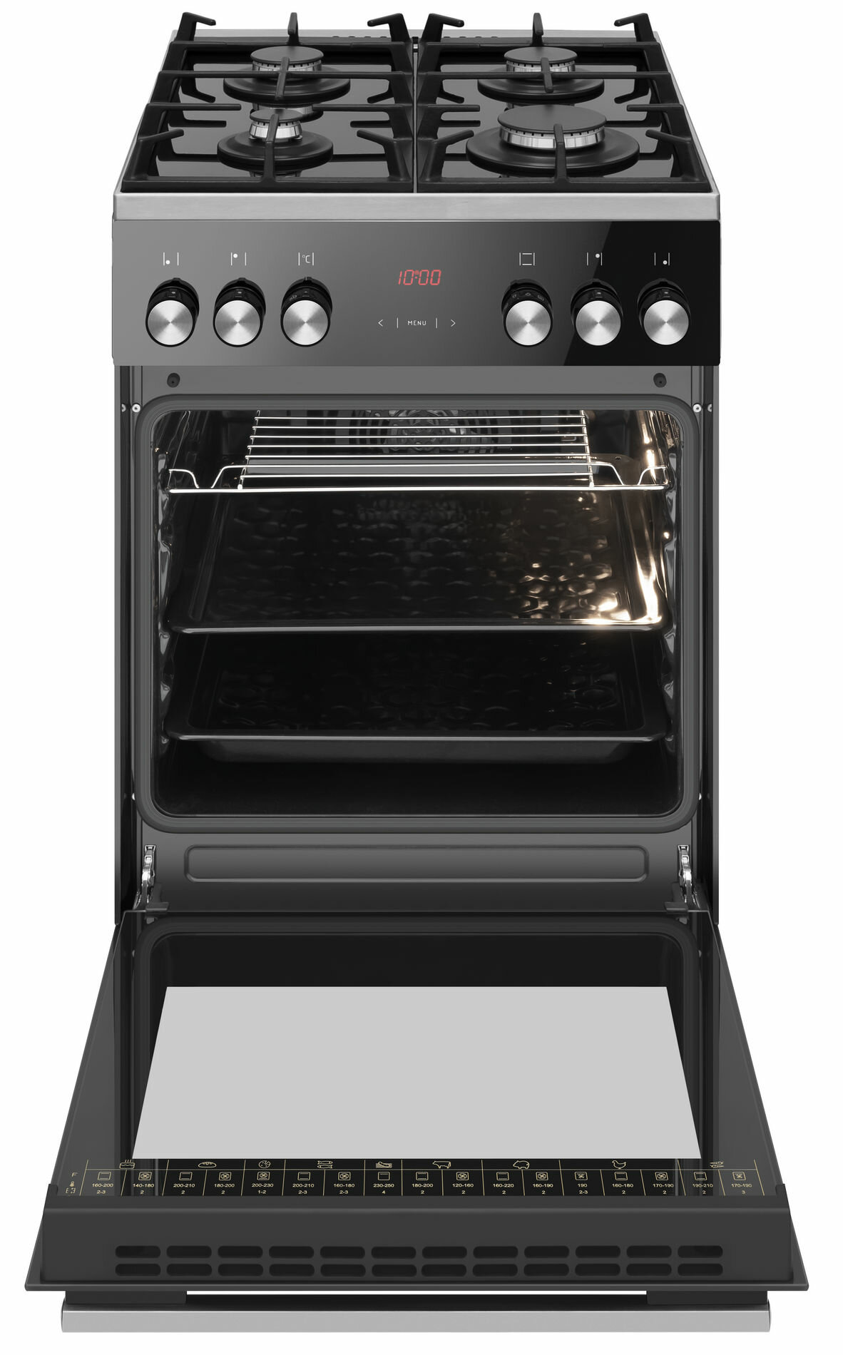 Czarny piekarnik z otwartymi drzwiami, półkami i zegarem cyfrowym.