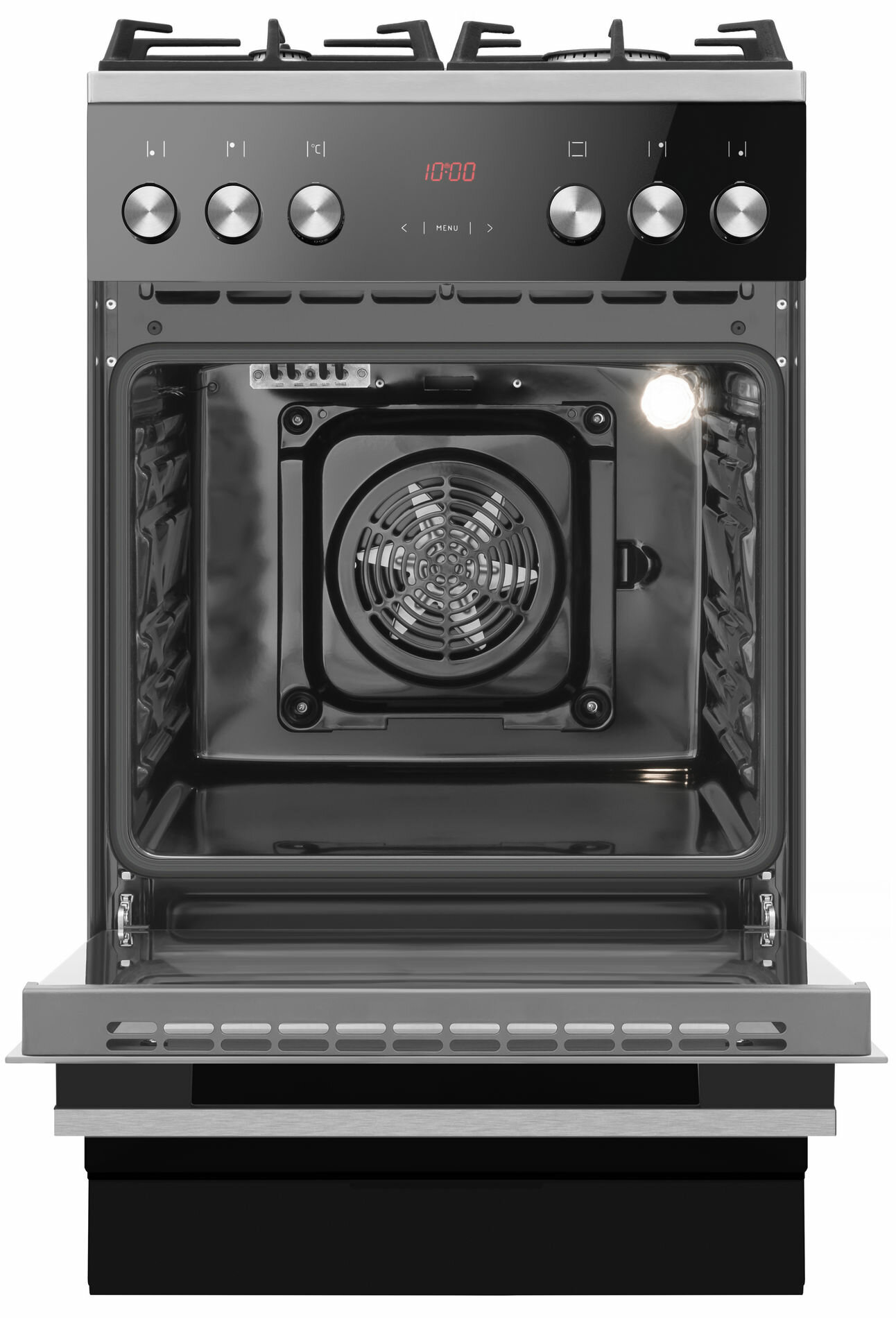 Widok z przodu czarnego i srebrnego piekarnika z otwartymi drzwiami.