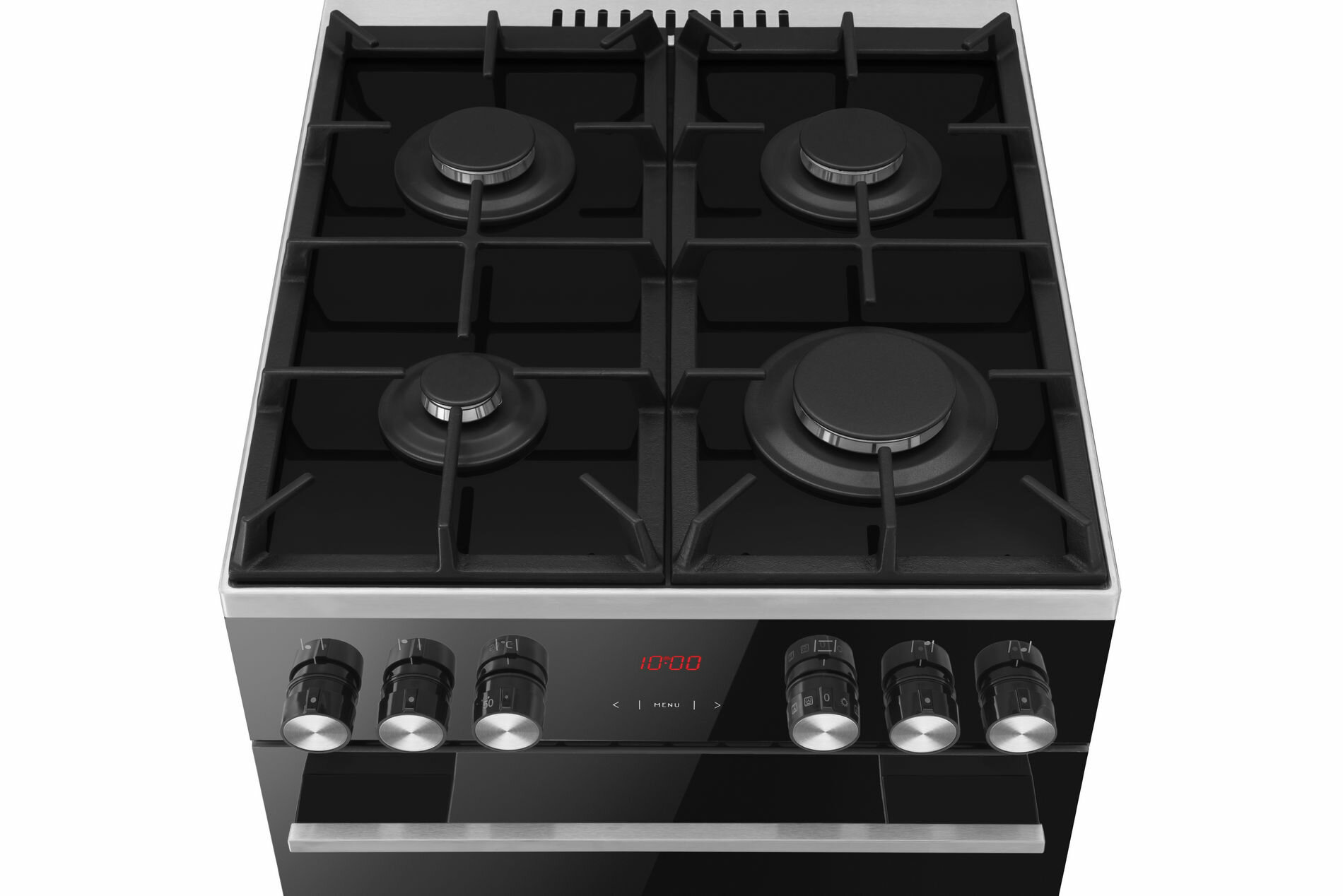 Widok z góry na kuchenkę gazową z 4 palnikami i pokrętłami sterowania.