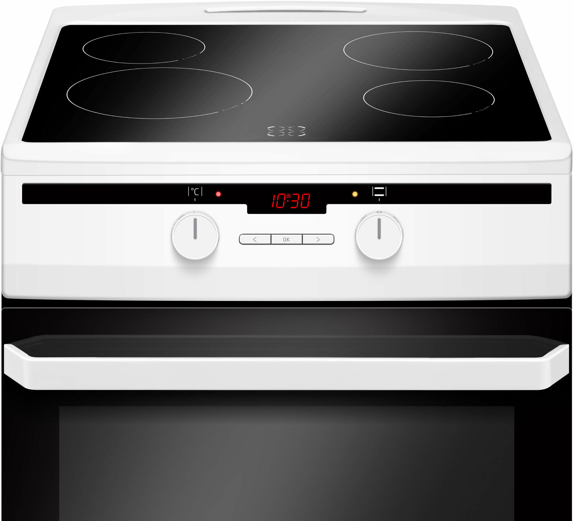 Biało-czarna kuchenka elektryczna z czterema palnikami i zegarem cyfrowym, z piekarnikiem poniżej.