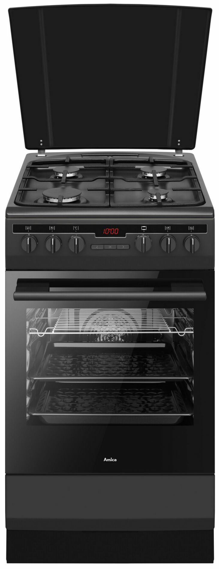 Otwarty czarny piekarnik ze szklanymi drzwiami, pokazujący wnętrze piekarnika. Płyta grzejna jest na górze.