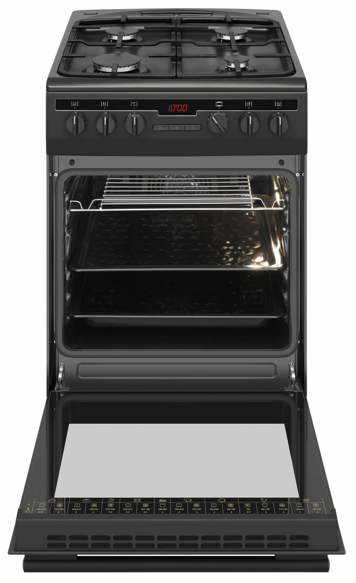 Czarna płyta grzewcza z czterema okrągłymi palnikami.