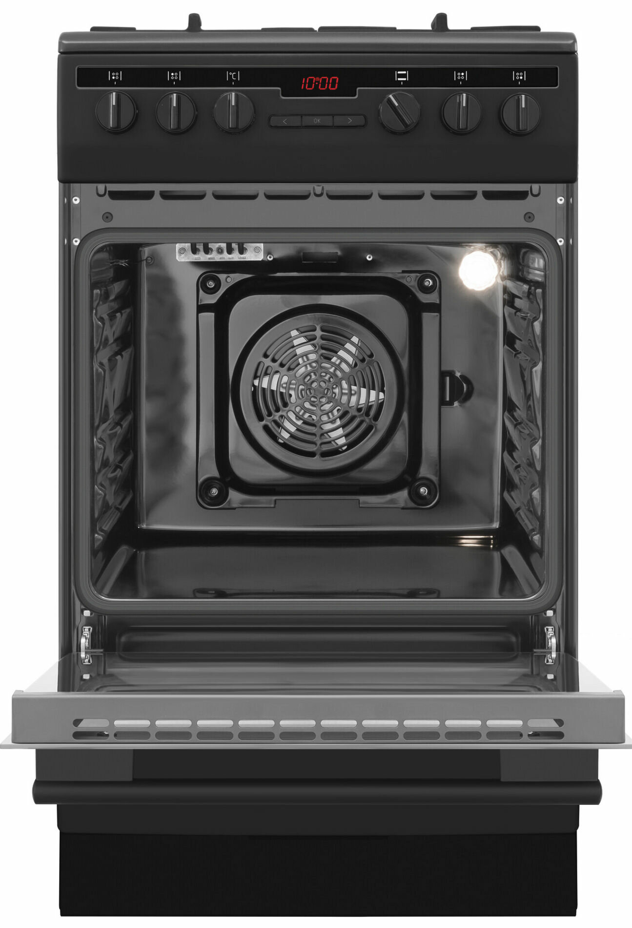 Czarny piekarnik z otwartymi drzwiami, widoczne wnętrze z wentylatorem i górnymi kontrolkami.