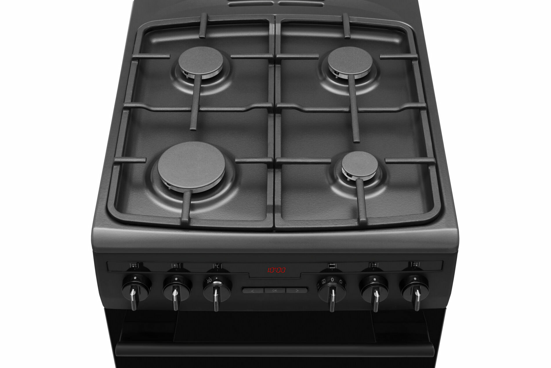 Widok z góry na czarną kuchenkę gazową z czterema palnikami i pokrętłami.