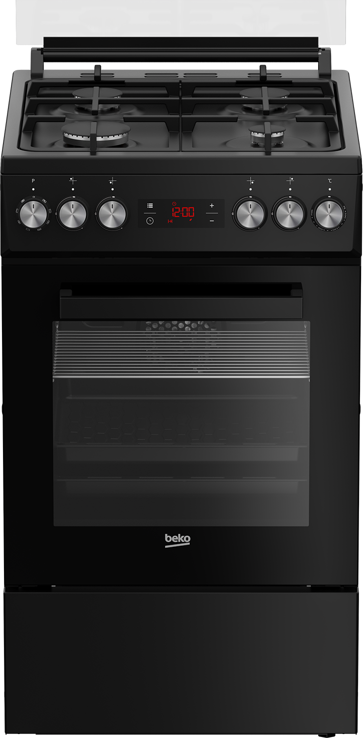 Czarny piekarnik wolnostojący. Posiada cztery palniki, cyfrowy wyświetlacz zegara i drzwi piekarnika.