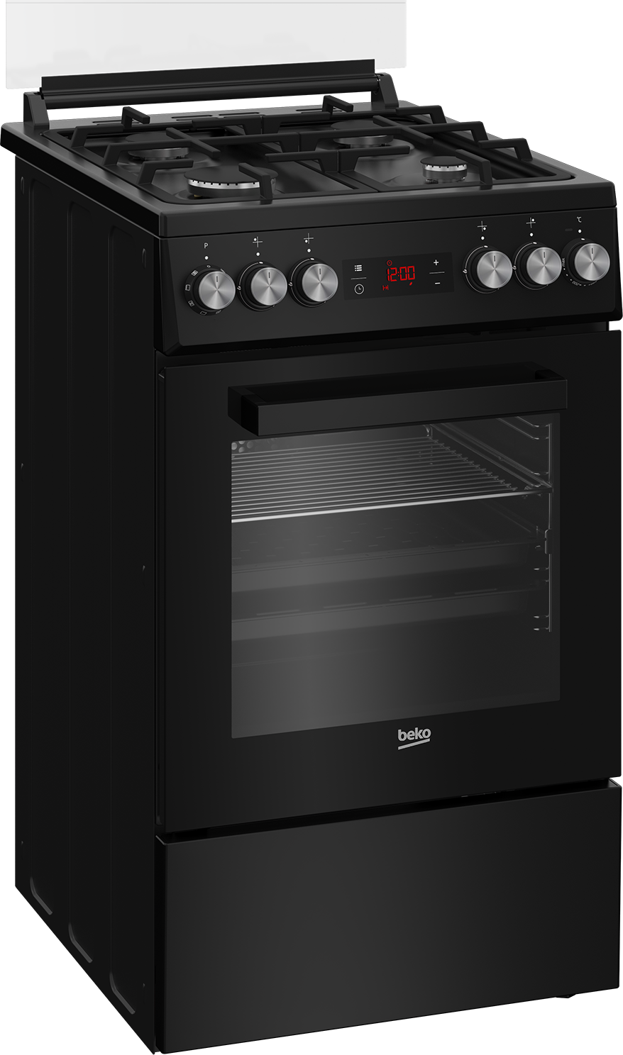 Czarna kuchenka gazowa z czterema palnikami, piekarnikiem i pokrętłami. Widoczna marka Beko.