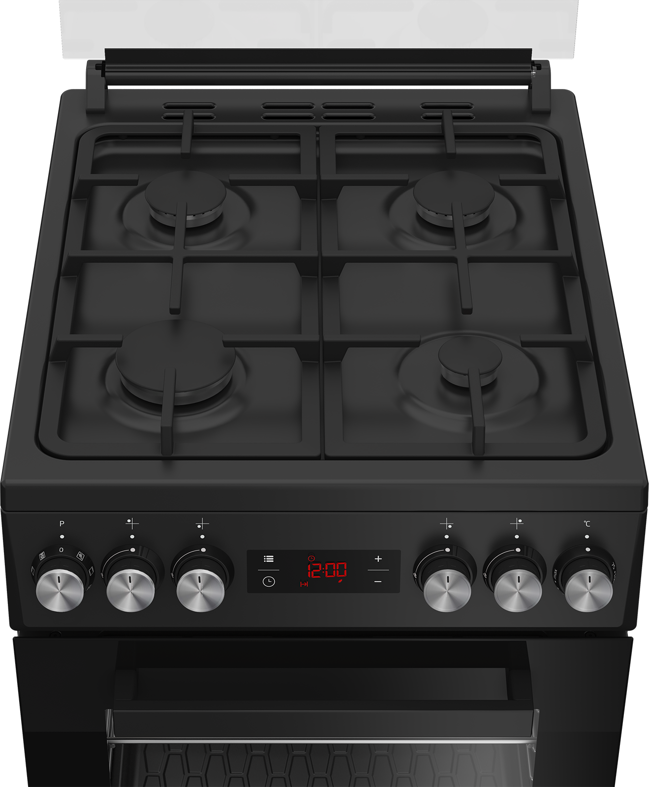 Zbliżenie czarnej kuchenki gazowej z czterema palnikami i pokrętłami sterowania.