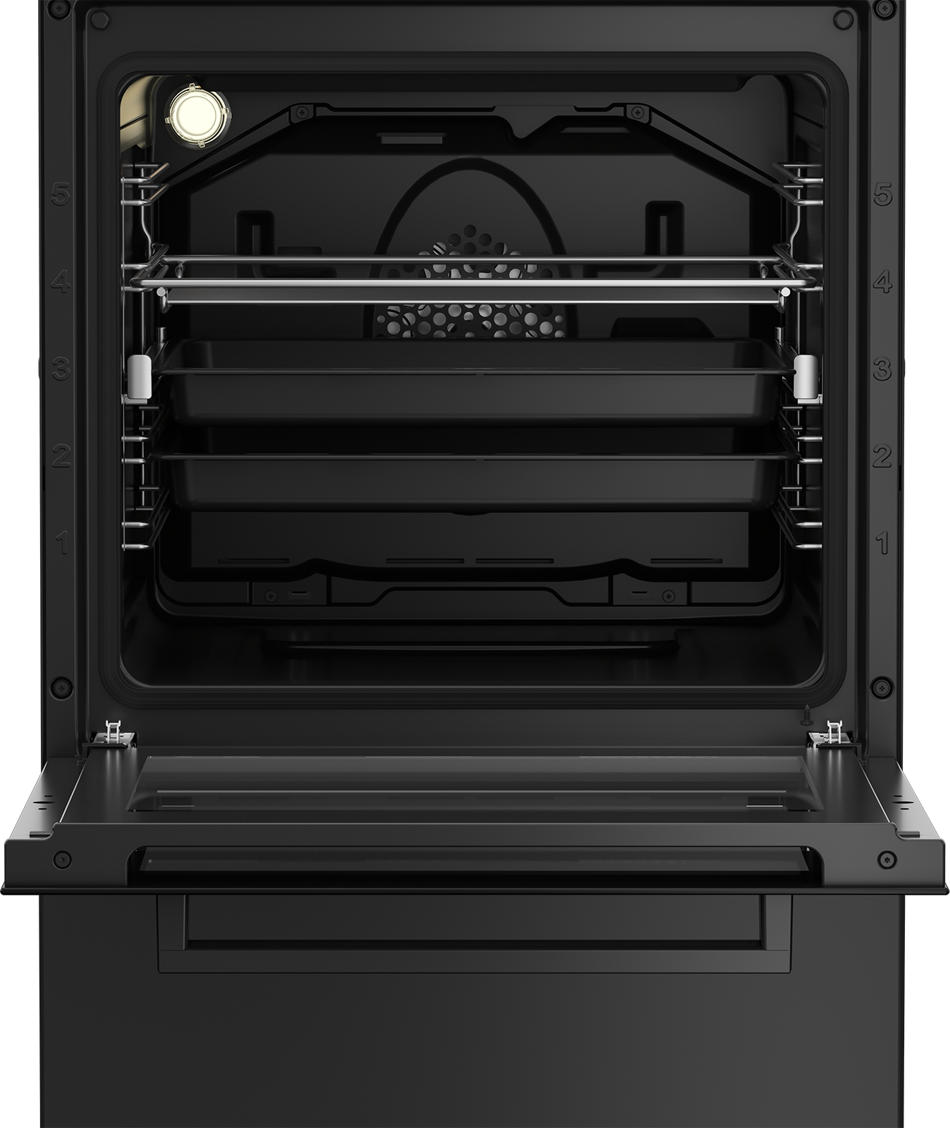 Otwarty piekarnik z półkami i tacami, czarne tło.