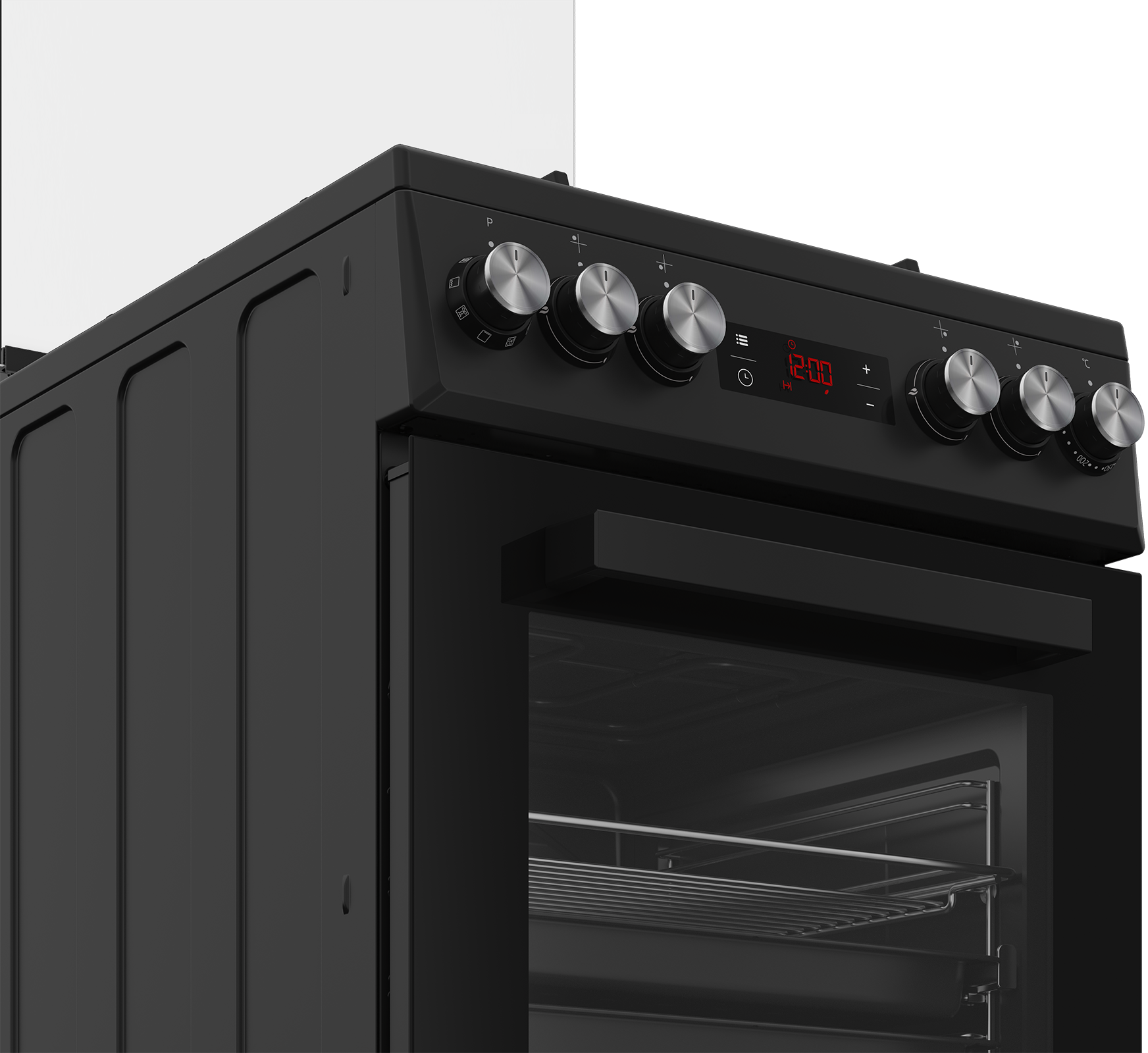Czarny piekarnik, uchylone drzwi, pokrętła i zegar cyfrowy 12:00. Srebrne pokrętła, czarne wykończenie.
