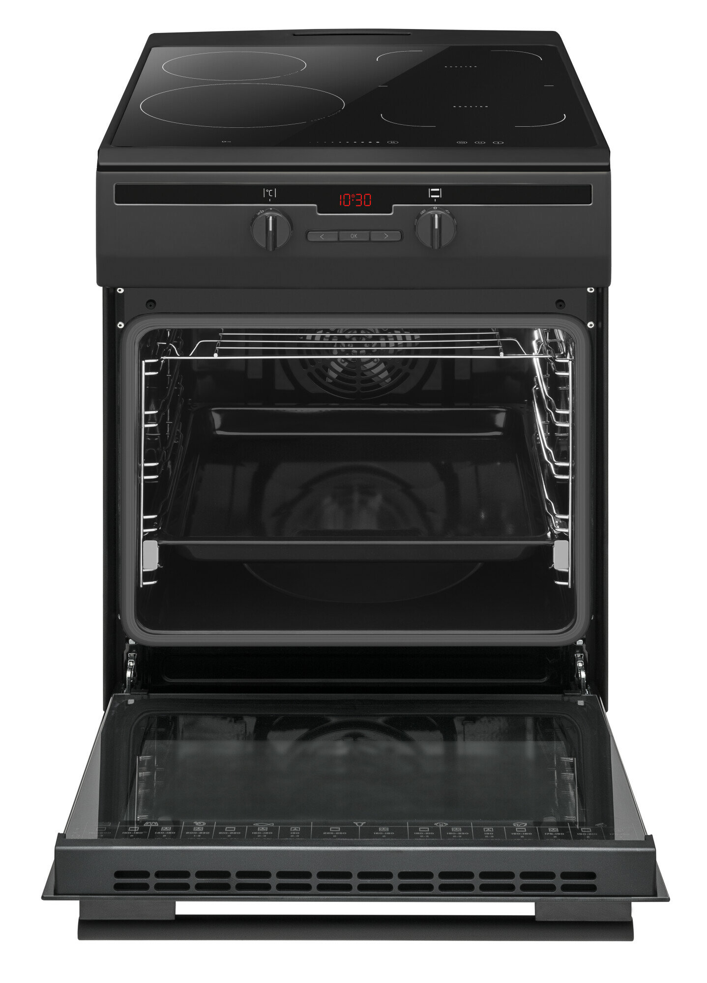Czarny piekarnik z otwartymi drzwiami. Posiada wyświetlacz i pokrętła sterowania.
