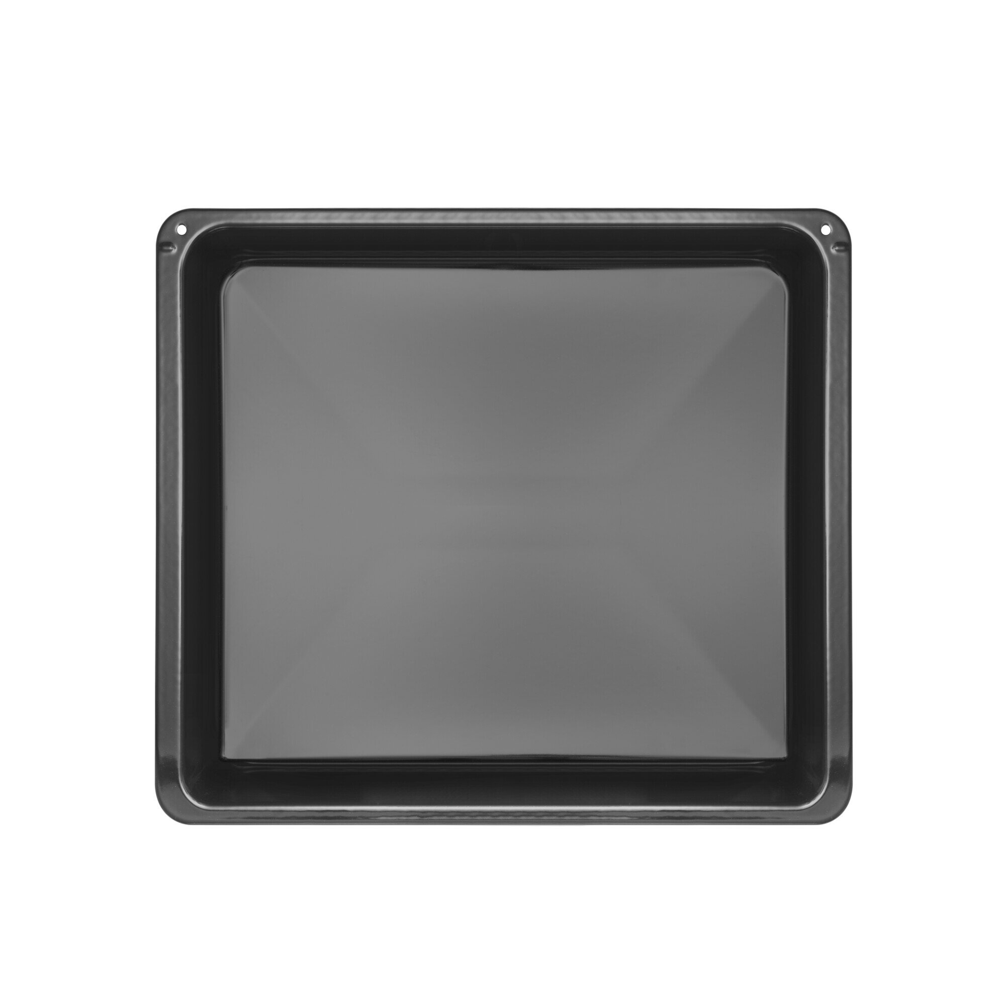 Czarna, prostokątna blacha do pieczenia. Ma lekko podniesione krawędzie i ciemne wnętrze.