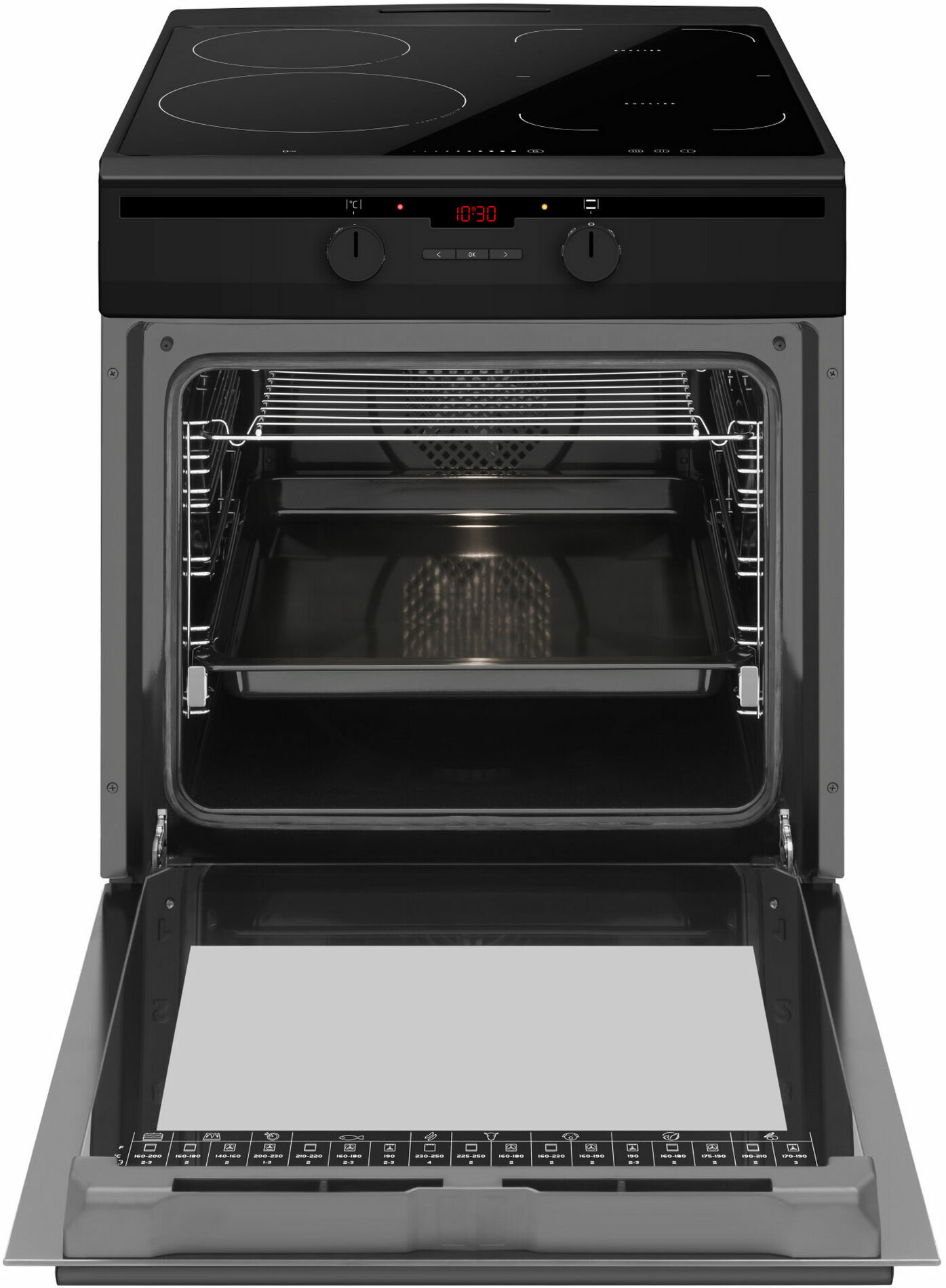 Otwarty piekarnik z czarnym frontem i wyświetlaczem cyfrowym pokazującym 10:30. Widoczne ruszty i wnętrze.