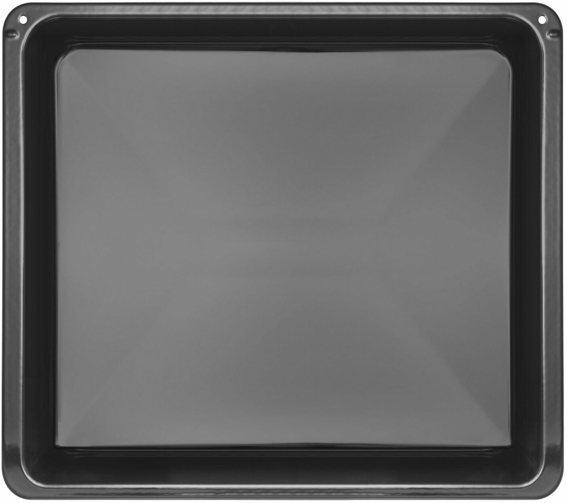 Pusta, czarna blacha do pieczenia. Prostokątny kształt z zaokrąglonymi rogami. Błyszcząca powierzchnia.