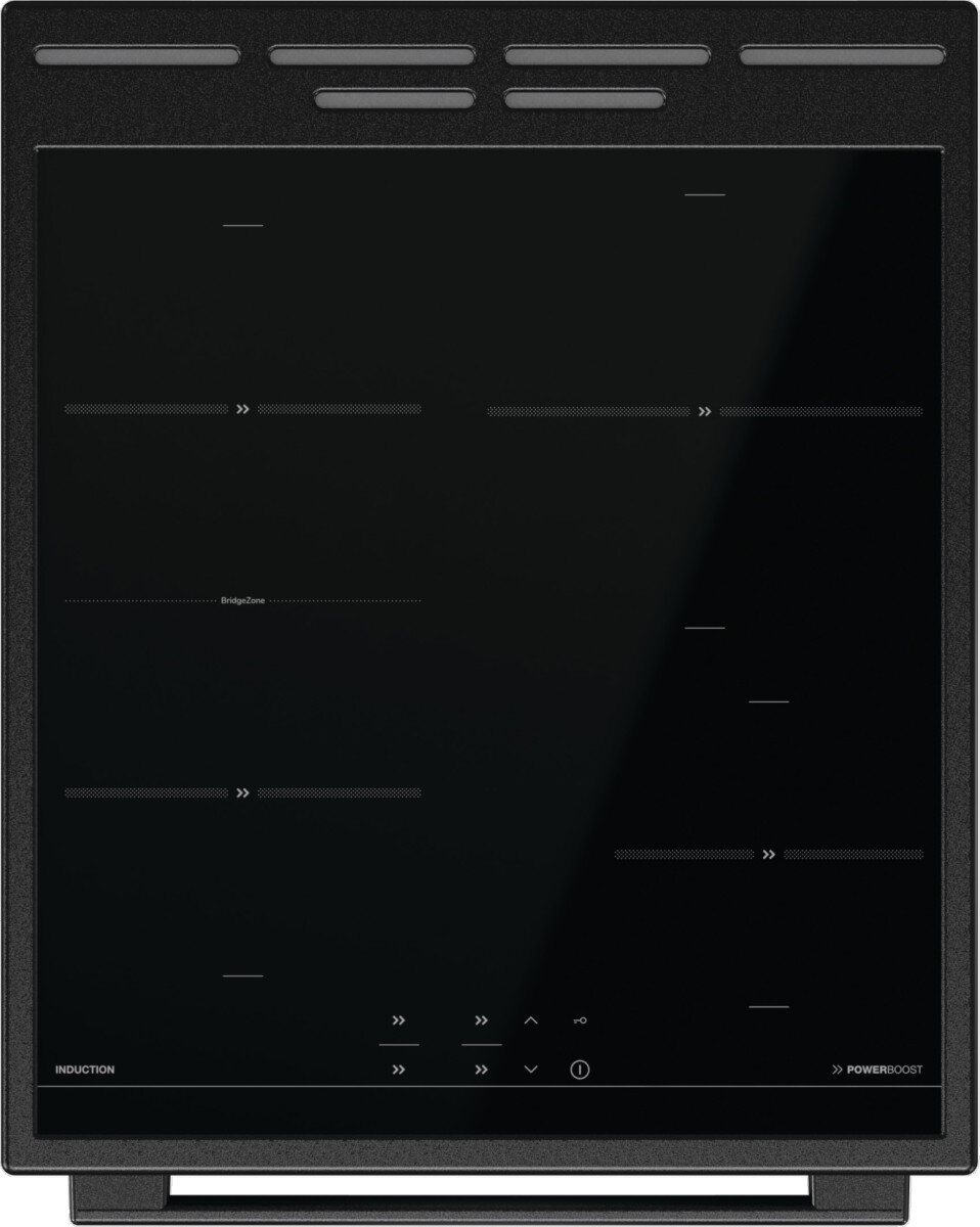 Czarna płyta indukcyjna. Posiada wiele stref gotowania i sterowanie dotykowe. Elegancki design.