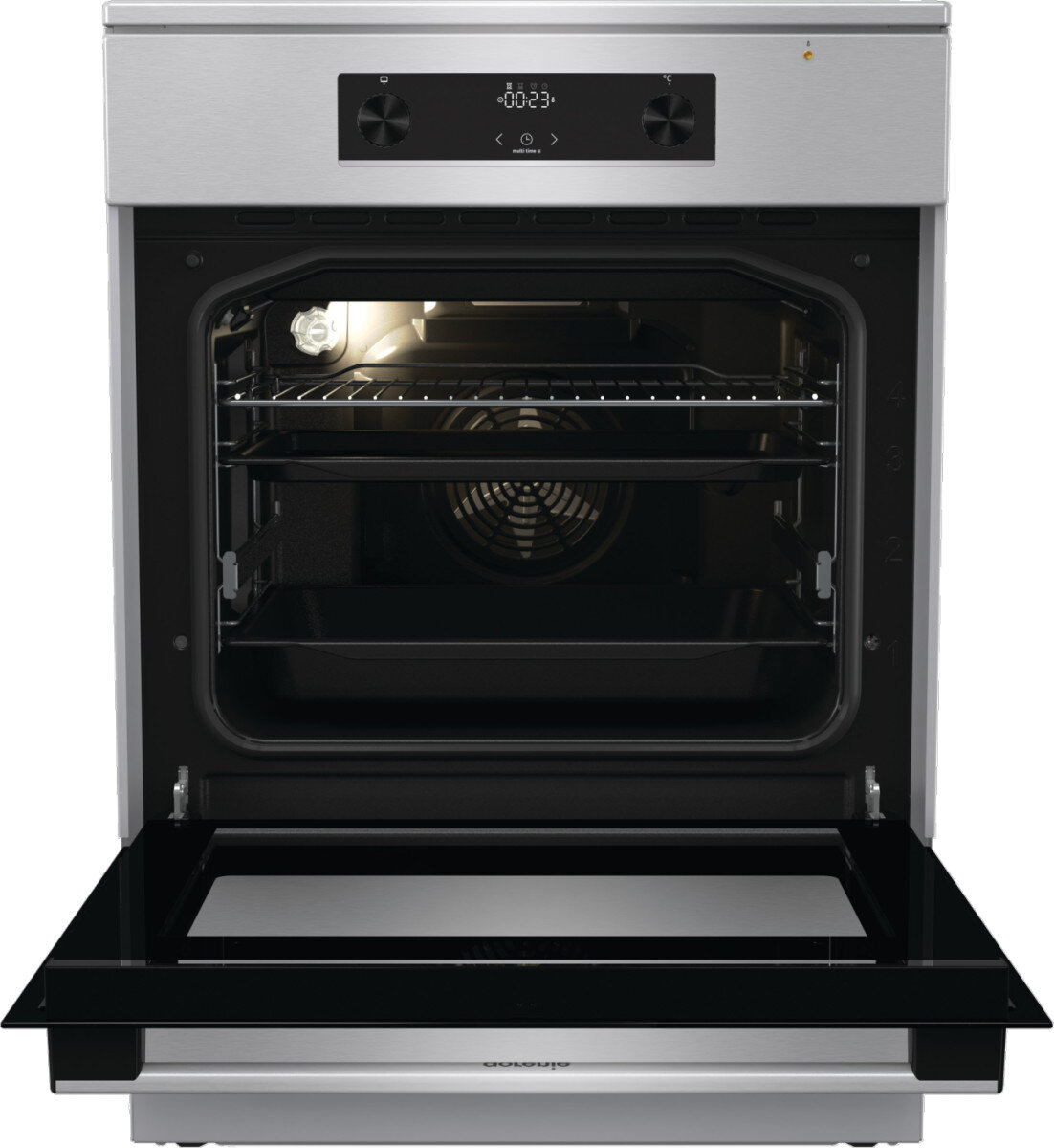 Widok wnętrza piekarnika, otwarte drzwi. Pokazuje ruszty, wentylator i światło, z cyfrowym wyświetlaczem u góry.