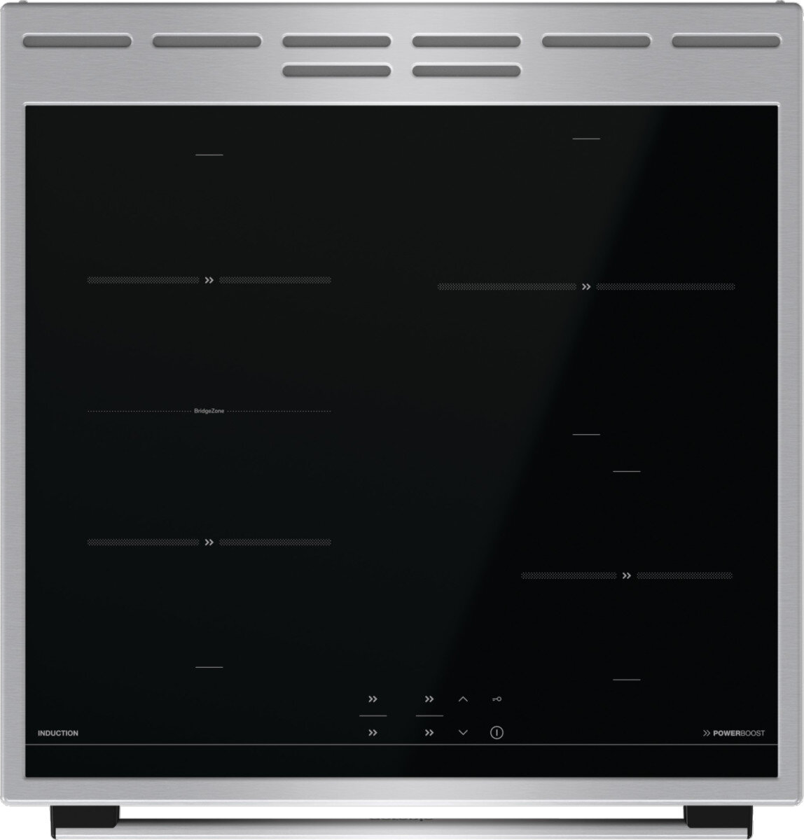 Indukcyjna płyta grzejna ze stali nierdzewnej z czterema okrągłymi palnikami i szczegółami panelu sterowania.