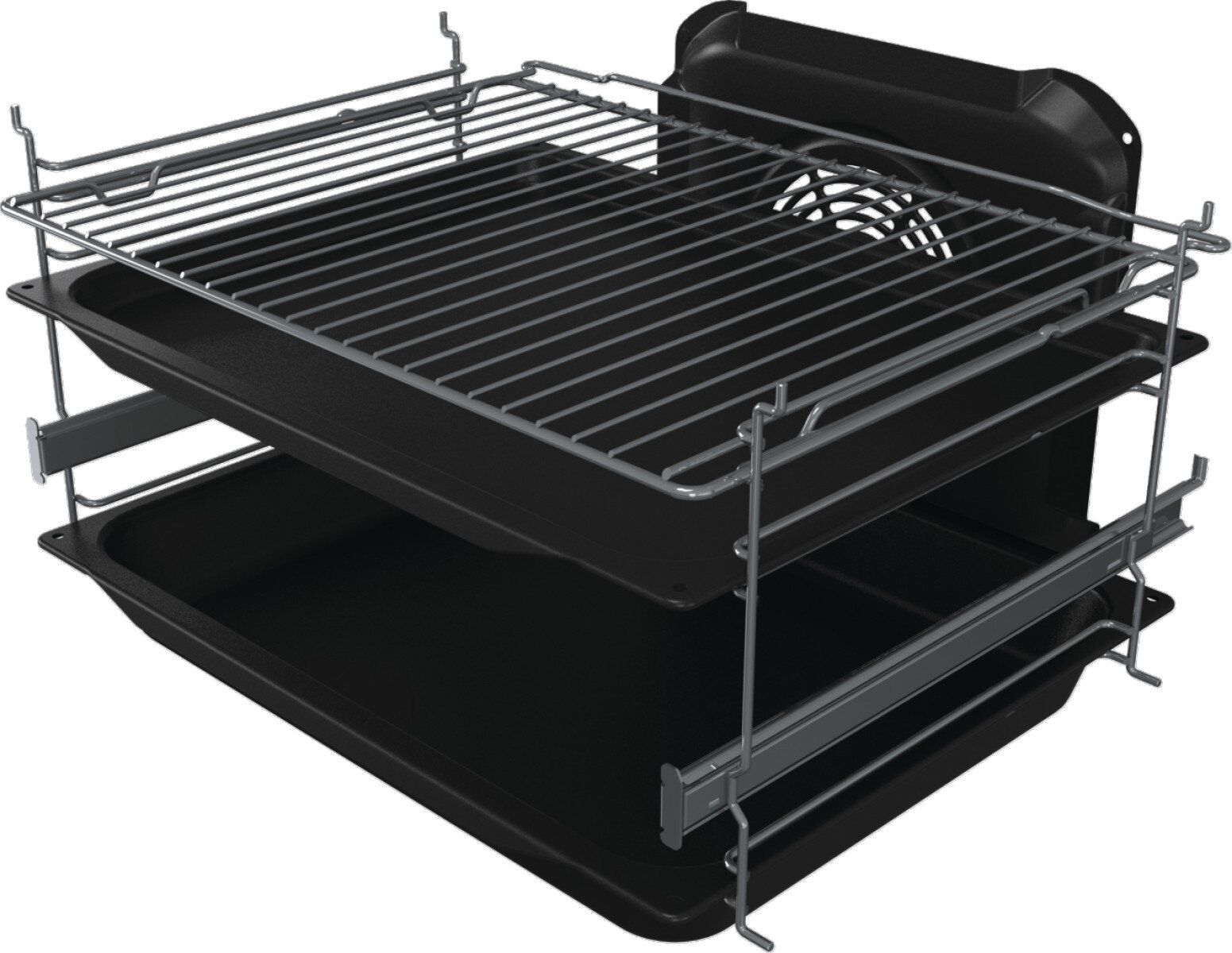 Wnętrze piekarnika z rusztami i tacami, pokazujące szczegóły wnętrza.