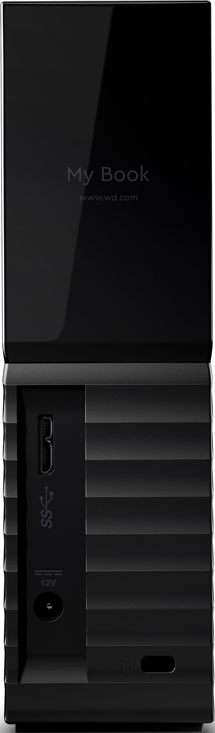 Disque dur externe noir avec le logo 'My Book' et des ports sur le côté.