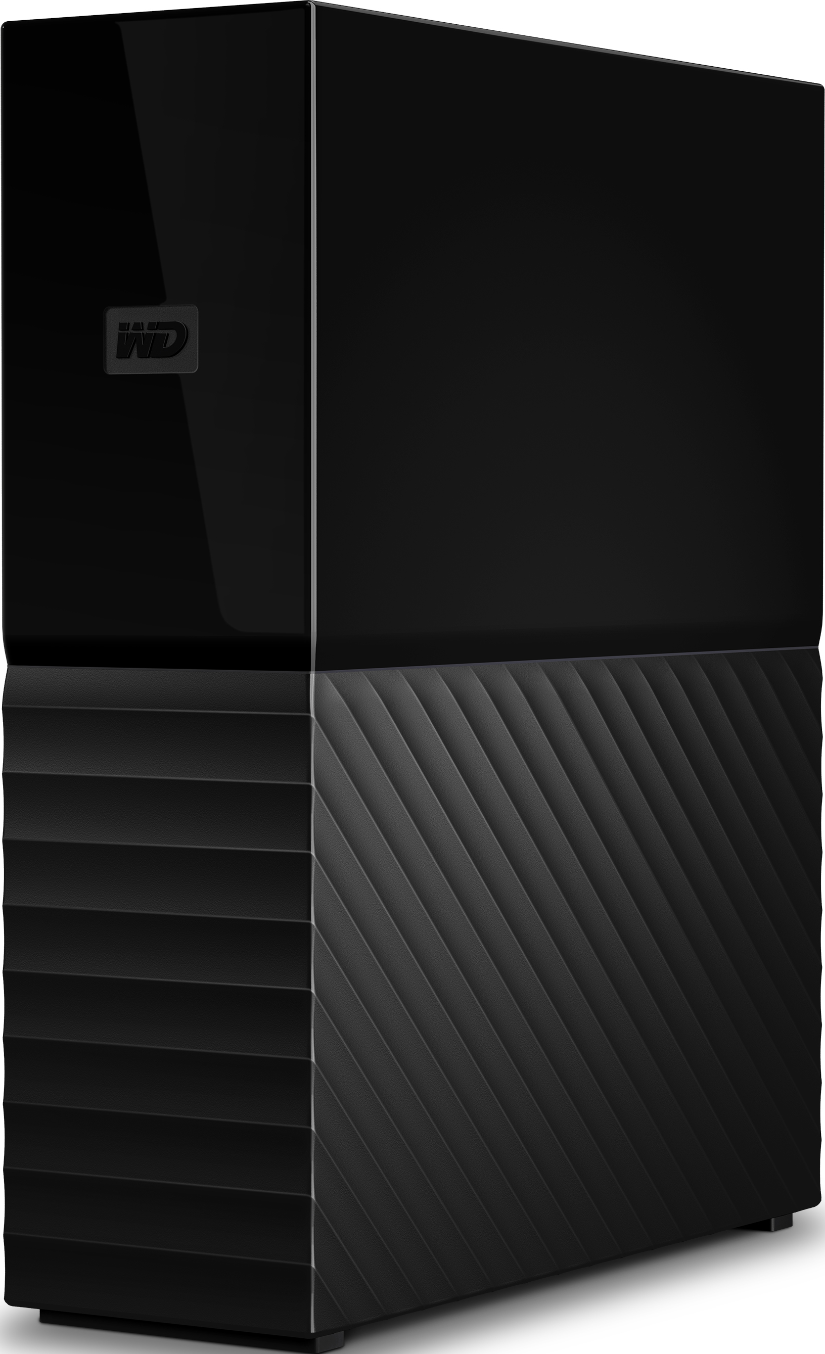 Disque dur externe noir avec une façade et un dessus texturés.