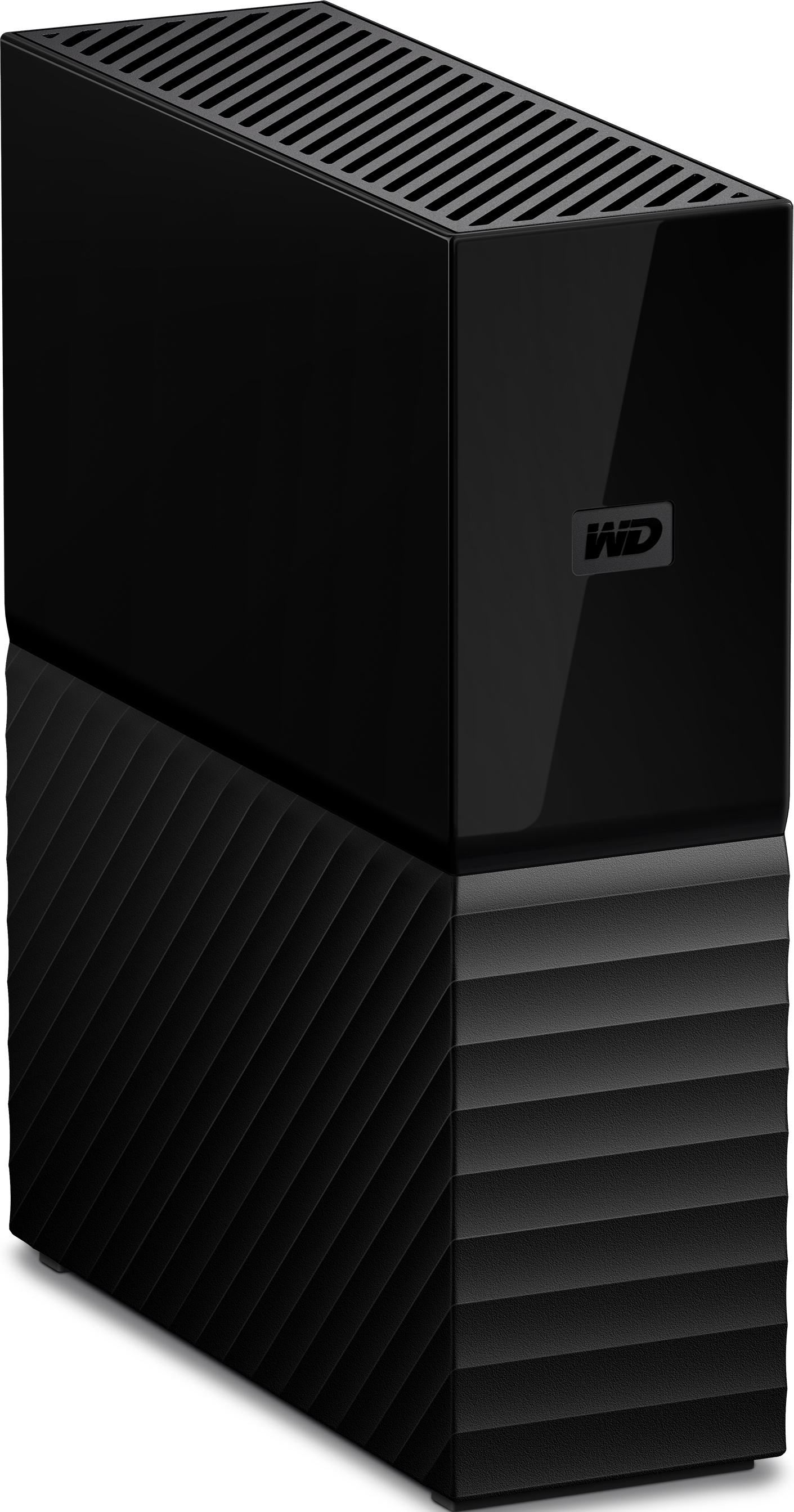Disque dur externe noir, forme rectangulaire avec base rainurée. Logo WD visible à l'avant.