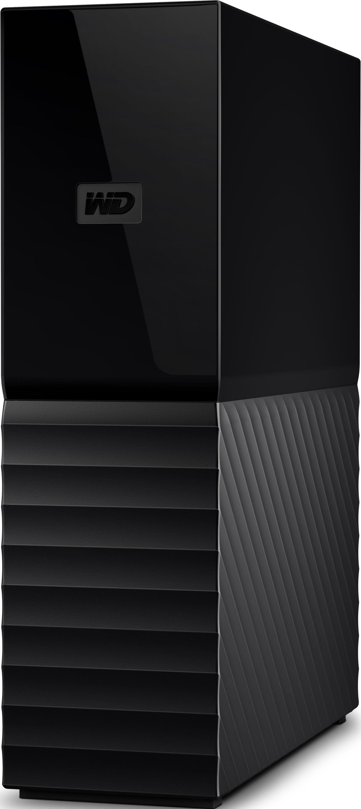 Un disque dur externe WD noir et rectangulaire. Le dessus est lisse, le dessous a un design texturé.