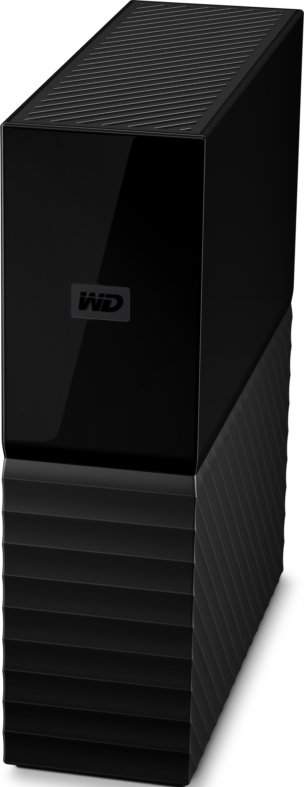 Un disque dur externe WD noir, vertical, finition brillante, sur fond blanc.