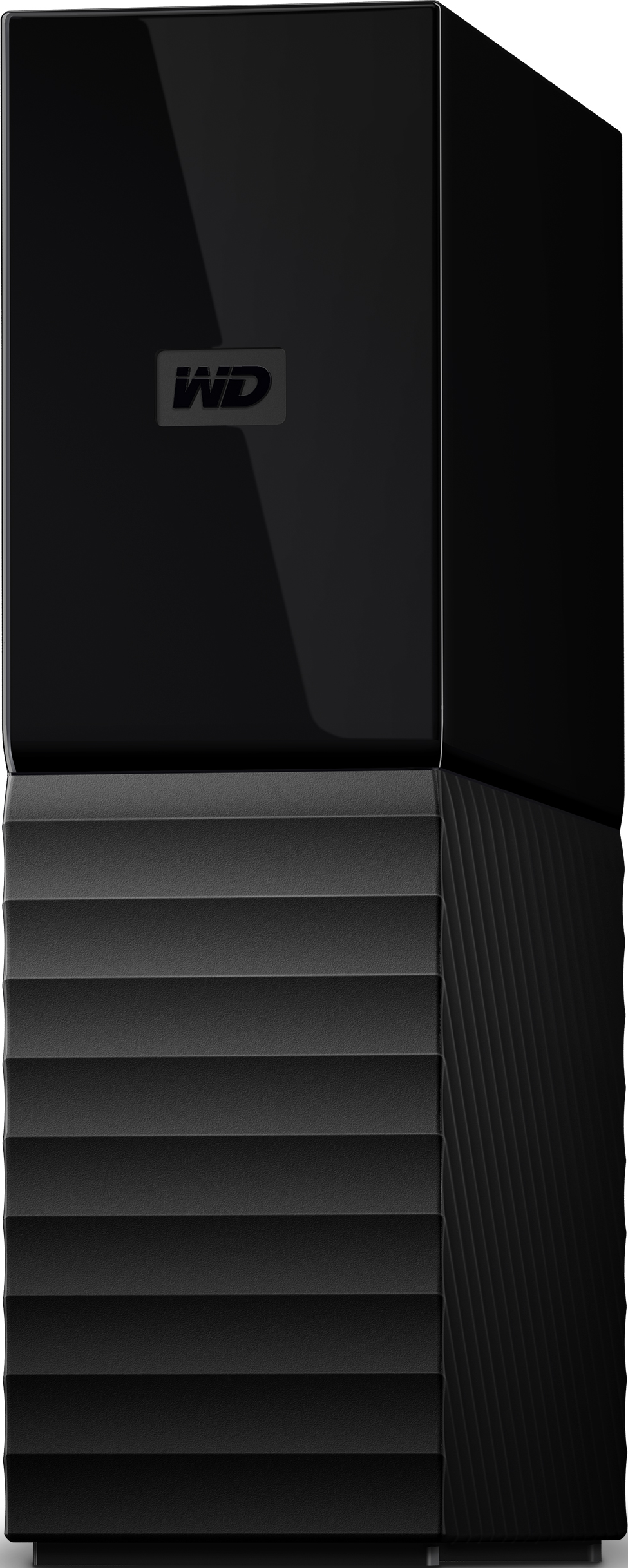 Disque dur externe noir au design distinctif, montrant le logo WD.