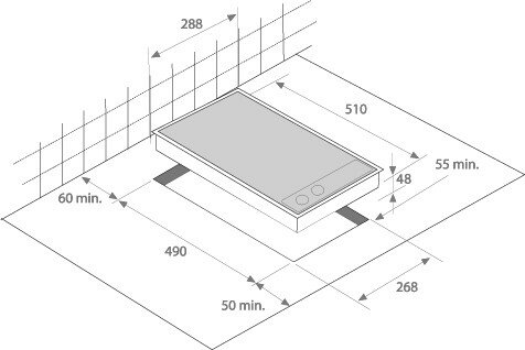 Rysunek techniczny płyty grzejnej z wymiarami i instrukcją instalacji.