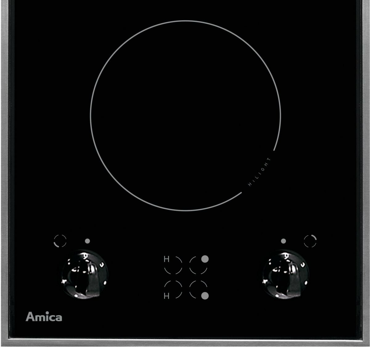 Czarna płyta grzewcza Amica z okrągłym palnikiem i dwoma pokrętłami w metalowej ramie.