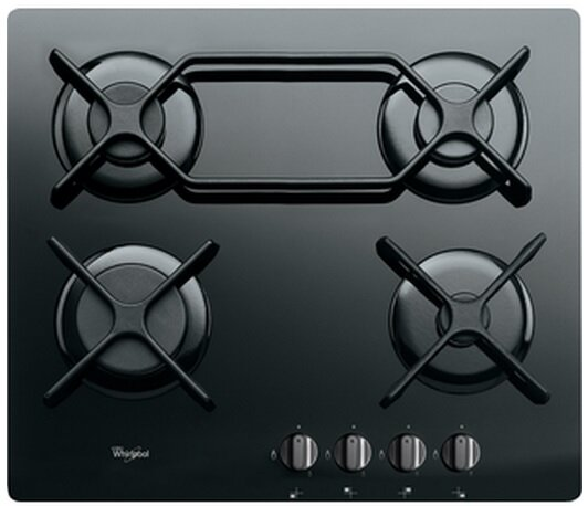 Czarna płyta grzewcza z czterema palnikami. Palniki otoczone czarną ramą. Logo Whirlpool na dole.