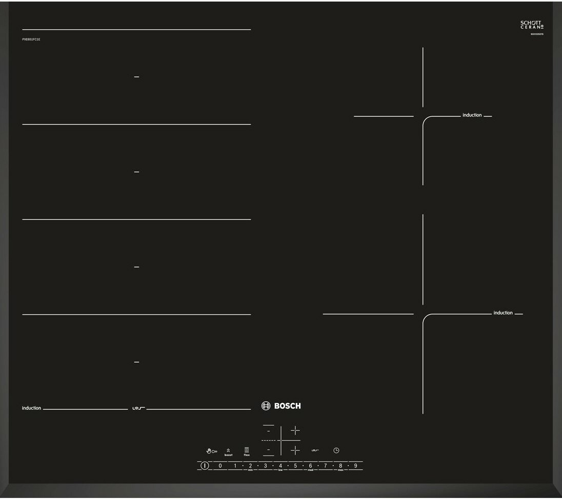 Czarna płyta indukcyjna z czterema strefami grzewczymi. Posiada sterowanie dotykowe na dole.