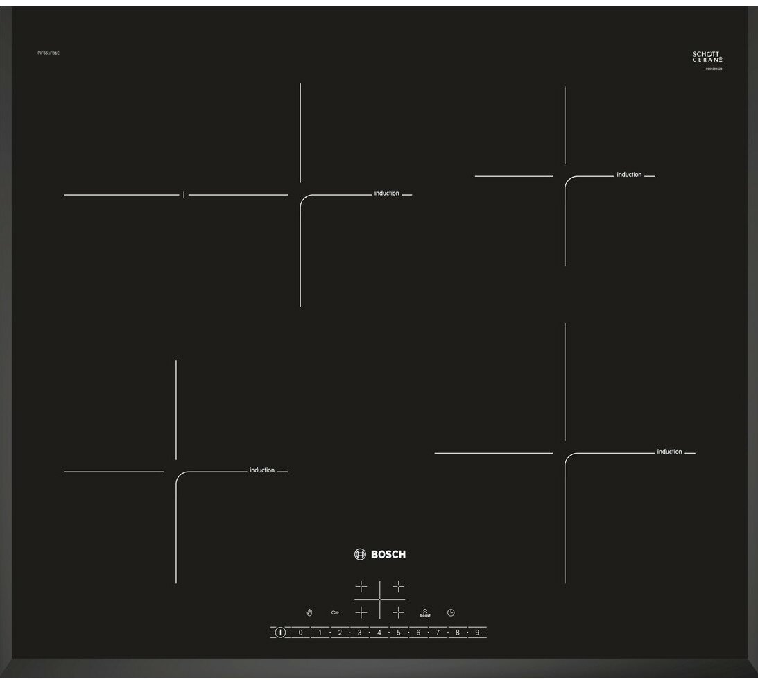 Czarna płyta indukcyjna Bosch z czterema zaznaczonymi strefami gotowania, białe linie.
