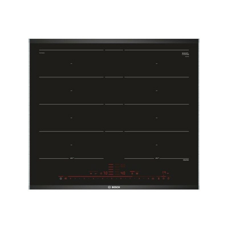 Czarna płyta indukcyjna Bosch z ośmioma strefami gotowania. Czerwone podświetlane elementy sterujące. Białe tło.