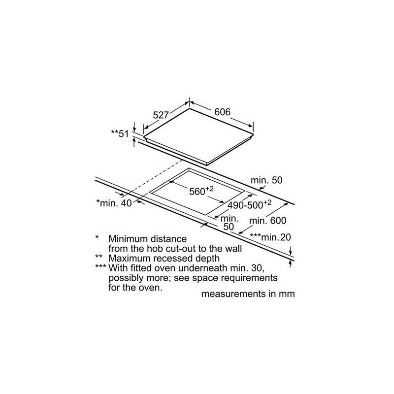 Rysunek techniczny pokazujący wymiary i wymagania przestrzenne dla płyty grzewczej.
