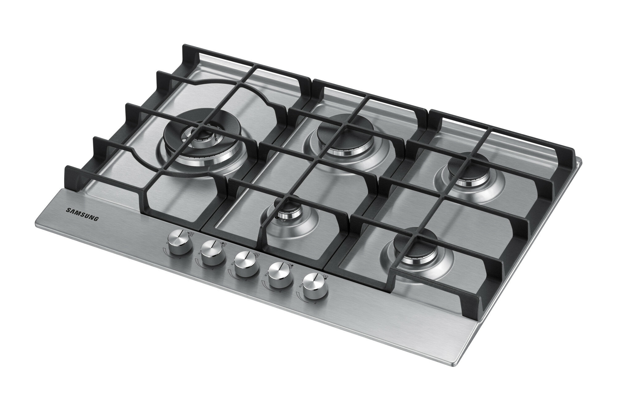 Gazowa płyta grzewcza ze stali nierdzewnej z pięcioma palnikami i pokrętłami.