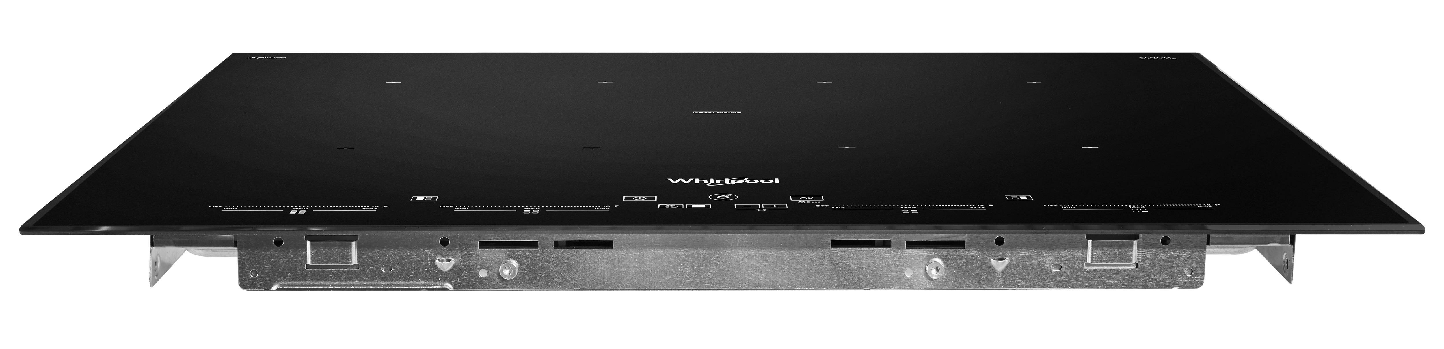 Czarna płyta indukcyjna z dotykowymi elementami sterującymi, marki Whirlpool i metalową ramą.