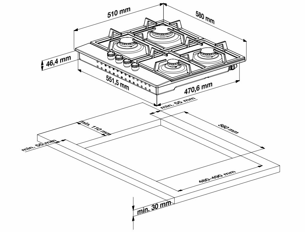 Schemat płyty grzewczej z wymiarami i wycięciem do instalacji.